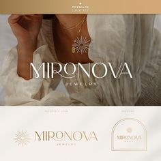 the logo for jewelry brand mirronova is shown in gold and white, with an image of a woman's feet