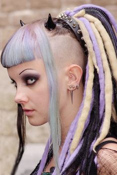 Lavender <3 Rave Hairstyles, Shaved Side Hairstyles, Wool Dreads, Goth Model, Mohawks, Goth Hair, Side Hairstyles, Synthetic Dreads, Punk Hair