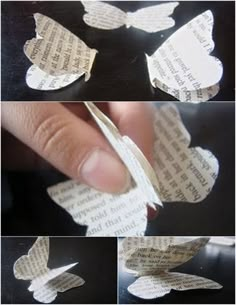 the process of making a butterfly out of old book pages