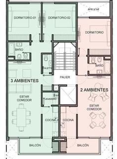 the floor plan for an apartment building with three bedroom and two bathroom areas, in different colors