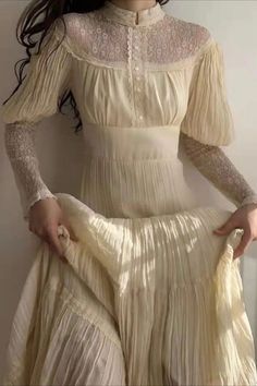 This Modest Yellow Lace Bridal Dress Long Sleeve is a Victorian wedding dress that is inspired by the Gunne Sax style. The dress features a high neckline, a corseted waist, and a flared skirt. The dress has a natural color lace fabric with a subtle yellow hue that is perfect for a Victorian wedding. White Dress Long Sleeve, White Dress Long, Victorian Lace Dress, Duck Yellow, Victorian Wedding Dress, Max Dress, Bridal Dresses Lace, Lace Prom Dress, White Long Sleeve Dress