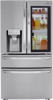 a silver refrigerator freezer sitting next to an icebox filled with drinks and beverages