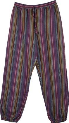 Light and fun elastic ankle breezy harem pants with striped fabric in purple, yellow, blue white and black. It features an elastic waist with a flexible drawstring and two deep side pockets on either side. Great for hot summer days, yard selling, flea market shopping, music concerts to summer festival; these pants are a good fit anywhere Length: 40", inseam 30" (ankle length for petite women); Waist: 28"- 34" (S/M) ; Material: 100% Cotton Casual Multicolor Harem Pants For Beach, Casual Multicolor Harem Pants With Elastic Waistband, Casual Striped Cotton Harem Pants, Multicolor Ankle-length Harem Pants With Elastic Waistband, Casual Purple Harem Pants For Summer, Purple Cotton Harem Pants With Elastic Waistband, Multicolor Harem Pants With Elastic Waistband For Loungewear, Multicolor Elastic Waistband Harem Pants For Loungewear, Summer Purple Cotton Harem Pants