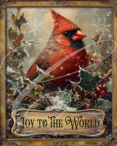 a cardinal bird sitting on top of a christmas tree with holly and berries around it