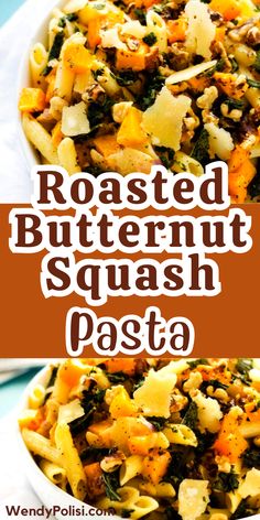 roasted butternut squash pasta with spinach and parmesan cheese in a white bowl