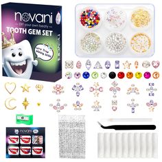 PRICES MAY VARY. Novani Tooth Gem Kit: Contains a box of advanced glass 350 pieces round tooth gems, 30pcs teeth metal charm and 100 pcs flatback gold small beads,10 pcs cleaning cotton roll, 20microbrush applicators, 1*wax gems picker,1* tweezers,1*pencil sharpener, and 1*user manual. Our DIY tooth jewelry kits are great gifts for families and friends. 350 PCS ADVANCED TOOTH GEM JEWELRY: Novani style 2088 Flat Back rhinestones are the latest style of flat back rhinestones, which is an upgrade t Teeth Gems, Gifts For Families, Tooth Jewelry, Diamond Teeth, Tooth Gems, Diy Teething, Jewelry Kit, Tooth Gem, Teeth Jewelry