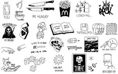 some black and white drawings with different things on them, such as books, knives, scissors