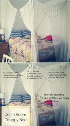 the instructions for how to make a canopy bed with curtains and drapes on it