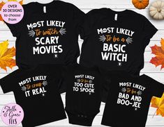 Most Likely To Funny Halloween Tshirts, Matching Family Halloween Shirts, Superlative Halloween Shirts, Group Shirts, Kids Youth Outfits Tee These are priced per shirt. This listing is for ONE (1) adult unisex t-shirt (crewneck or vneck with short sleeves) or (1) Adult Unisex Long Sleeve (crewneck) or (1) Baby Bodysuit (with short sleeves) or (1) Baby Tee or (1) Toddler Tee or (1) Youth Tee with your selected design. We offer: ❤ High quality prints that will last over time ❤ Comfortable & flatte Funny Pre-shrunk Shirt For Halloween, Funny Halloween Tops With Text, Black Novelty Top With Custom Print, Funny Black Tops With Character Print, Halloween Novelty Tops With Funny Text, Customizable Black Halloween Top, Funny Halloween Print Tops, Pre-shrunk Themed Tops For Halloween, Fun Black Customizable T-shirt