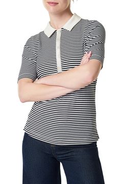 Smart stripes plus a contrast collar and placket bring sporty vibes to this modern polo cut from a form-fitting ribbed knit. Button half placket Spread collar Short sleeves 90% rayon, 10% elastane Machine wash, tumble dry Imported Striped Short Sleeve Polo Shirt With Ribbed Collar, Striped Polo Shirt With Ribbed Collar, Black Collared Tops With Contrast Stripes, Classic Striped Polo Shirt With Collared Neckline, Short Sleeve Polo Shirt With Contrast Stripes For Workwear, Spring Striped Polo Shirt, Fitted Black Polo Shirt With Striped Collar, Spring Polo Shirt With Contrast Stripes, Fitted Short Sleeve Polo Shirt With Striped Collar