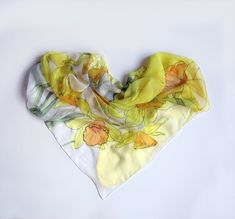 Yellow daffodils scarf. Floral silk chiffon scarf hand painted. Long scarf. Spring garden scarf. Bright scarf. Scarf silk painted. OOAK mom Transparent silk chiffon scarf with floral motives. Serti technique, Habotai silk, Spring celebrations. dimensions- 17 by 70 inches pure silk chiffon. Recommended hand washing only, in cold water. MADE TO ORDER listing another floral scarves you can see here: https://www.etsy.com/shop/klaradar/search?search_query=floral&order=date_desc&view_type=gall Yellow Silk Scarf For Spring, Yellow Silk Scarf For Spring Gift, Yellow Artistic Silk Scarf For Spring, Artistic Yellow Silk Scarf For Spring, Painting Mothers Day, Bright Scarf, Silk Chiffon Scarves, Velvet Scarf, Hand Painted Scarves