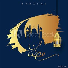 arabic calligraphy with mosque and lantern on blue background