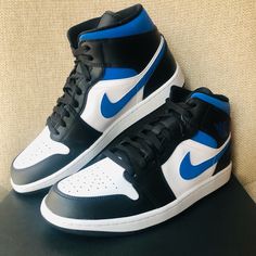 Jordan 1 Mid White/Blue/ Black Multicolor Air Jordan Blue, Jordan 1 Mid White, Futuristic Shoes, Blue Jordans, Jordan Shoes Girls, All Nike Shoes, Tenis Nike, Best Shoes For Men, Hams