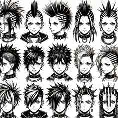 an image of punk hair styles for men and women in black and white ink on paper