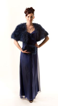 "It can serve both as memorable fashion statement and as functional accessory on your special day. it is an absolute pleasure to put this gorgeous cape over your shoulders, to keep you warm, and accentuate your plunging neckline... On the pictures are shown in a navy blue color FEATHERED COLLECTION \"SHOULDER MIST\" This Collection is made from natural marabou feather, fully lined with 100%silk; Length on the back : 14\"-15\" Think about lovely marabou clutch, which I made as a pair to this shru Elegant Party Shrug For Fall, Elegant Fall Party Shrug, Elegant Evening Cape For Winter, Elegant Winter Capelet, Elegant Blue Outerwear For Wedding, Chic Fitted Capelet, Elegant Party Cape With Cape Sleeves, Chic Capelet For Party, Chic Capelet With Cape Sleeves For Party