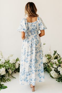 THE TENLEY TEXTURED MIDI DRESS IN BLUE FLORAL Happy Threads, Light Blue Bridesmaid Dresses, Summer Goddess, Dress For Petite Women, Pink Desert, Apostolic Fashion, Church Dress, Blue Floral Pattern, Fashion And Beauty Tips