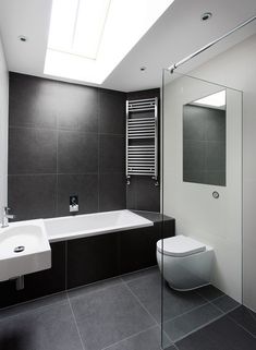 a white toilet sitting next to a bath tub in a bathroom under a skylight