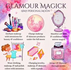 an advertisement for glamour magick with different items in front of the moon and stars