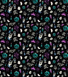 a black and purple background with skulls, bones, and other things on it's surface