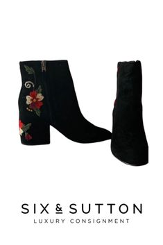 Step up your boot game with these fabulous Sam Edelman black suede floral embroidered ankle boots. Get the designer look for less at Six & Sutton. Floral Embroidery Round Toe Boots For Fall, Fall Floral Embroidered Boots With Round Toe, Fall Floral Embroidered Round Toe Boots, Fall Floral Embroidery Round Toe Boots, Casual Fall Boots With Floral Embroidery, Winter Embroidered Heeled Boots With Round Toe, Embroidered Round Toe Heeled Boots For Fall, Embroidered Heeled Boots With Round Toe For Fall, Fall Embroidered Round Toe Heeled Boots