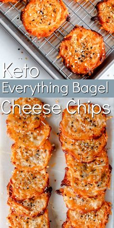 keto everything bagel cheese chips on a cooling rack and in the background, there is a batch of them