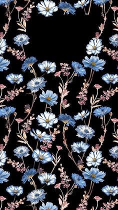 blue and pink flowers on black background