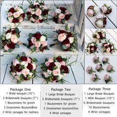 wedding bouquets arranged on wooden crates with names and price tags to choose from for each flower arrangement