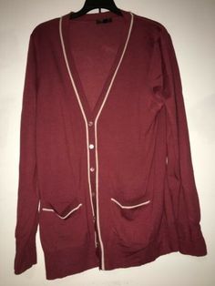 J. Crew Size XL 100% Merino Wool Wine Red Beige Trim Cardigan Sweater Women Stylish Red V-neck Cardigan For Work, Elegant Red V-neck Cardigan, Red Long Sleeve Sweater For Work, Casual Burgundy V-neck Outerwear, Classic Red Cardigan For Layering, Red V-neck Sweater For Work, Classic Red Outerwear For Layering, Red V-neck Cardigan With Pockets, Red Long Sleeve Cardigan For Layering