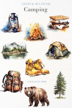 Watercolor camping themed clip art images for sale. Download instantly. Free commercial use. Camping Clip Art, Camping Watercolor, Camping Clipart, Car Deco, Watercolor Clip Art, Watercolor Png, Clip Art Png, Camping Items