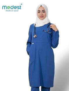 Size Chart As a professional in the medical industry, you understand the need for inclusivity and comfort in all aspects. The Faith modest scrub top offers a knee-length size and long sleeves with a zipper for wudu. The top also features two pockets for convenience. This scrub top features: Flare design slightly fitted through waist Long sleeves with zippers for wudu High neckline Hidden chest zipper 2 Pockets Tag ring on the shoulder Knee length (98 cm/38 inches length) This scrub top provides Doctor Dress Medical, Hijab Scrubs, Modest Scrubs, Women In Healthcare, Scrub Ideas, Scrub Dress, Medical Scrubs Outfit, Scrubs Dress, Doctor Dress