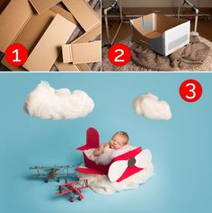 a collage of photos showing the process of making an airplane out of cardboard boxes