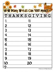 thanksgiving worksheet with the words how many words can you make? and an image of