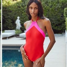 Sip A Cocktail Poolside In Our Yacht Colorblock Halter One Piece! Red Marries Pink In This Colorblock Halter One-Piece Swimsuit. Finished With A Backless Silhouette And A Removable Bust Padding. Styled With The French Twist Hoops And Kaye Link Bracelet Brand New With Tag. Never Worn Brown One Piece, Red One Piece, Plunging One Piece Swimsuit, Green Swimsuit, Halter One Piece Swimsuit, Cut Out Swimsuits, French Twist, One Piece Swim, Blue Paisley