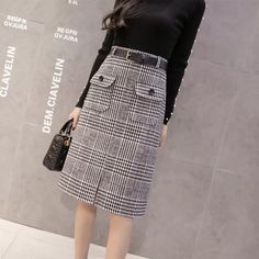 Ingvn With Belt Autumn and Winter Houndstooth Skirt Women's Split Long Tartan Skirt, Office Skirt, Houndstooth Skirt, Hip Skirt, Casual Wear Women, Women Skirt, Winter Skirt, Bride Clothes, Skirt Vintage