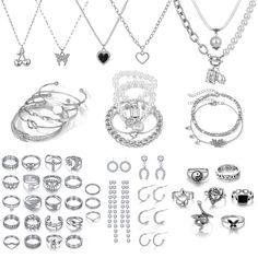 PRICES MAY VARY. 【53 Pcs Silver Jewelry Set】: This Vintage jewelry set includes 6 necklaces, 11 bracelets, 30 kunckle rings, 6 pairs ear studs , Include boho pearl cherry butterfly black heart, stackable bangle and ankle using, more shiny diamond earring,cool ring,they making you the focus of every occasion. 【Trendy Unique Design】: This jewelry set is made of high quality stainless steel and alloy, lead-free and nickle-free, hypoallergenic, suitable for sensitive skin. Each piece is carefully de Gold Jewelry Set, Silver Jewelry Set, Stackable Bangles, Silver Necklace Set, Silver Gold Jewelry, Vintage Jewelry Sets, Gold Jewelry Sets, Packing Jewelry, Adjustable Jewelry