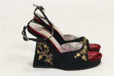 ➸ Description: Beautiful eccentric wedges shoes by Dolce and Gabbana dated from the late 90s' early 00s'. Black silk embroidered with gold metallic threads. Straps around the ankle, red velvet foot bed. Condition: Very Good, some wear on the foot bed and external soles (see pictures) ➸Measurements: Heels 24cm / Ball of feet 12cm / Insole Length 7.5cm Visit my instagram @bazvintage Dolce And Gabbana Runway, Lizzie Hearts, Womens Espadrilles Wedges, Funky Shoes, Wedges Shoes, Shoe Inspo, Aesthetic Shoes, Swag Shoes, Dolce E Gabbana