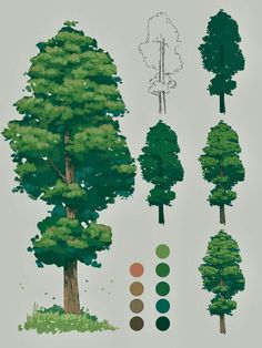 an image of trees with different colors and shapes in the same drawing style on paper