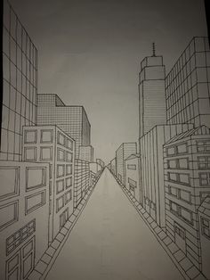 a drawing of a city street with tall buildings on both sides and one building in the middle