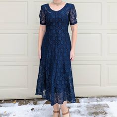 "1990's \"Ariana\" brand sheer nylon lace fit and flare dress. Navy blue, I have a black slip on underneath, and that works well. No slip is included with this. There are glass buttons down the front, but they are decorative only, they do not actually button/unbutton. This is pull-on, and then there's a sash attached in the back to cinch the waist. Tagged as a juniors 5, fits me well as a US size 4, can probably fit some 6's. Please compare the measurements below with a dress you have at home th Casual Fitted Lace Dress With Lace Trim, Casual Fitted Lace Trim Dress, Casual Fitted Lace Dress, Blue Fitted Lace Patchwork Dress, Boho Dress Short, Grey Floral Dress, Boho Dresses Long, Linen Dress Women, Marine Uniform