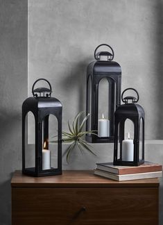 three black lanterns are sitting on a table with an air plant in front of them