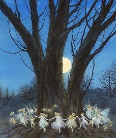 a painting of fairy dancers dancing around a tree