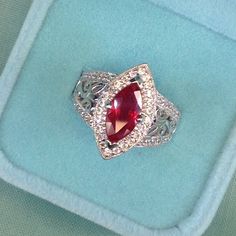 Genuine Faceted Marquee African Ruby ( 2.62 Cts ) And Faceted Round Cambodian White Zircon ( 0.76 Ct ) Ring Set In Platinum Over 925 Sterling Silver. Total 3.38 Cts. Nwot. Est. Retail $ 535. It Measures Approximately 3/4" At The Widest Point. Marquise Red Diamond Ring, Red Ruby Ring With Diamond Accents, Dazzling Red Ruby Ring With Diamond Accents, Red Ruby Ring With Marquise Cut Diamond, Silver Marquise Ruby Ring For Anniversary, Silver Rings With Lab-created Ruby, Red Diamond Wedding Ring With Accents, Sterling Silver Ruby Ring With Vs Clarity, Dazzling Red Gemstone Diamond Ring