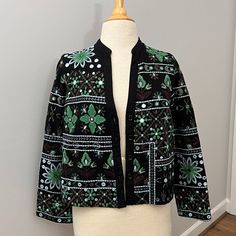 New Zara Embellished Embroidered And Mirrored Ethnic Style Floral Jacket Sz S This Is A Gorgeous Boho Jacket. It Has Embroidered Floral Patterns With Mirror Circles. Lightweight And Can Be Dressed Up With Black Pants Or A Skirt Or Down With Cute Jeans And Boots. My Favorite Is The Color. The Emerald Green Just Pops Against The Black. Color: Black And Emerald Green Condition: New With Tags, Never Been Worn Size: Small Pit To Pit 20" Length 21" Traditional Embellished Outerwear For Fall, Traditional Embellished Spring Outerwear, Festive Bohemian Embellished Outerwear, Festive Black Spring Outerwear, Traditional Embellished Festive Outerwear, Bohemian Sequined Festive Outerwear, Festive Bohemian Sequin Outerwear, Festive Beaded Outerwear, Festive Beaded Fall Outerwear