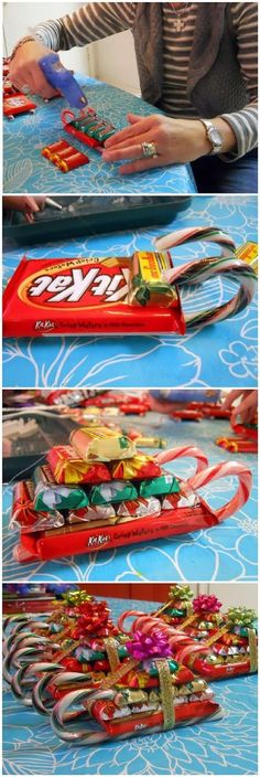 a woman is cutting up some candy canes