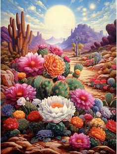 a painting of flowers and cactus in the desert