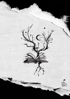 an ink drawing of a tree and moon