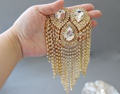 "Shoulder Tassel Chain Epaulettes Rhinestone Epaulet Fringe Shoulder Badge Rhinestone Applique for wedding Dance Punk Costume * * * * * * S i z e * * * * * * 6.7\" X 3.5\" * * * * Ｑ u a n t i t y * * * * This listing is for 1 piece or 1 pair, more in stock Great for decoration. You can adorn your clothing,handbags,hats etc. Great for wedding, clothing, curtain, bouquets, shoes, headbands, Beanies,hair clip...etc wherever you want" Gold Crystal Brooch For Evening, Gold Crystal Brooches For Party, Gold Crystal Brooches With Bling, Wedding Jewelry With Rhinestone Fringe In Crystal, Chain Epaulettes, Punk Costume, Bridal Sash Belt, Wedding Clothing, Brooch Diy