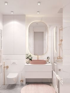 a white bathroom with a sink, toilet and shower in the background is an instagram post