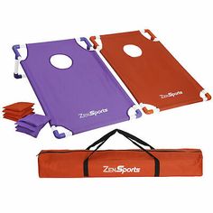 two purple and orange sports bags next to each other