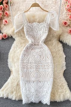 Evening Midi Dress, White Lace Dress, Lace Bodycon, Lace White Dress, Bodycon Mini Dress, Neck Designs, Puff Sleeves, Sheath Dress, Square Neck